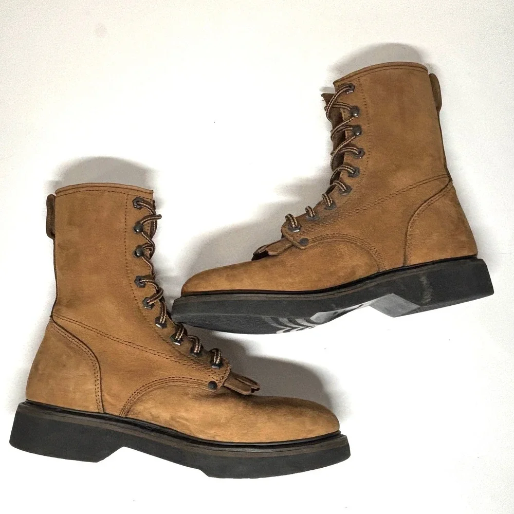 Rhino Work Boots Mens Size 8.5 Tan Nubuck Leather Kiltie Lace Up Gorpcore Hiking